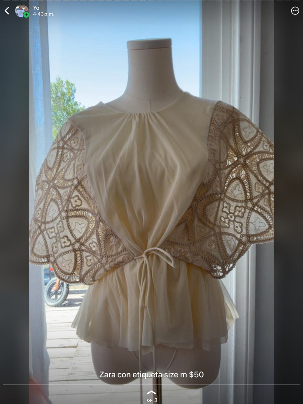 Zara Cream Lace Cape-Sleeve Tie-Front Peplum Top
